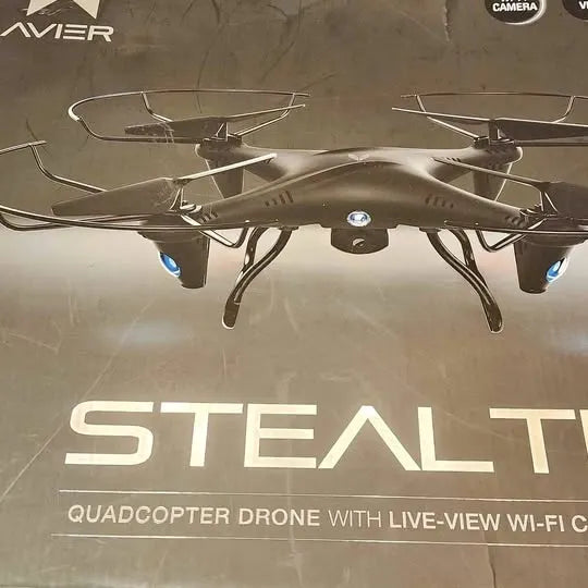 Stealth quadcopter drone with live-view Wi‑Fi camera, dark gray, four propellers.