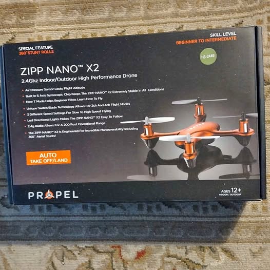 Zipp Nano X2 drone retail box with orange-and-black quadcopter design