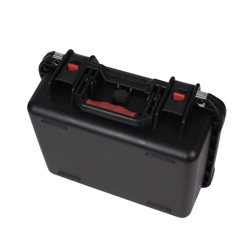 Black plastic hard protective case with foam insert and handle, red latch accents