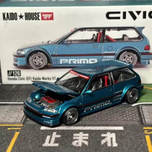 Teal blue Honda Civic EF diecast model car with PRIMO graphics, front 3/4 view