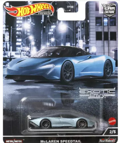 1:64 scale diecast model car, light blue McLaren Speedtail, front three-quarter view