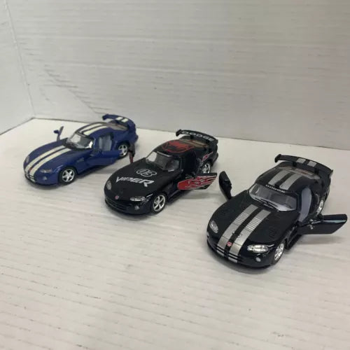 Set of 3 diecast pull-back racing toy cars: blue, black with decals, black with stripes
