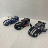 Set of 3 diecast pull-back racing toy cars: blue, black with decals, black with stripes