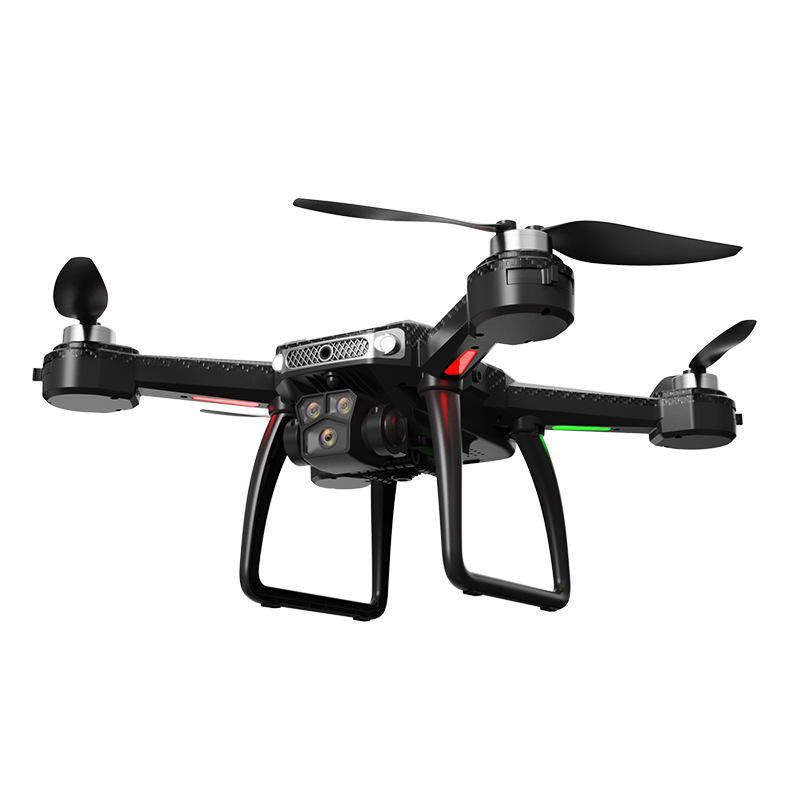 Black foldable quadcopter drone with front camera and four propellers