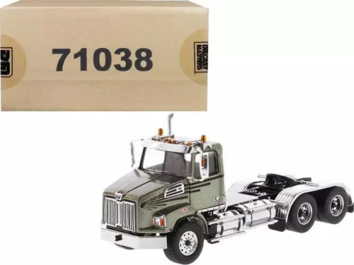 Metallic olive green diecast tandem day cab tractor model, front and side view