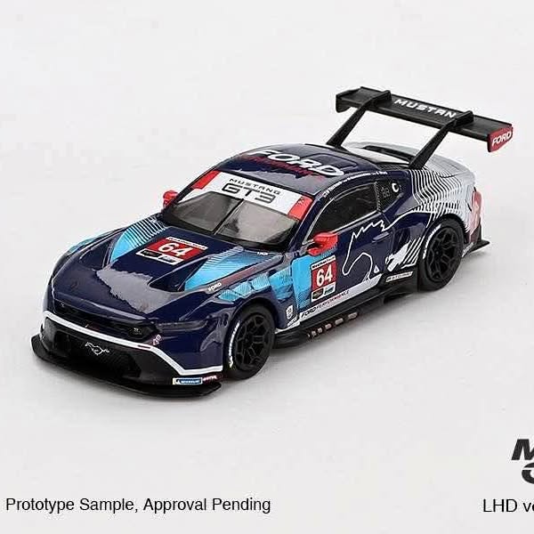 1:64 diecast race car, blue and white Ford Mustang GT3 with #64 and rear wing