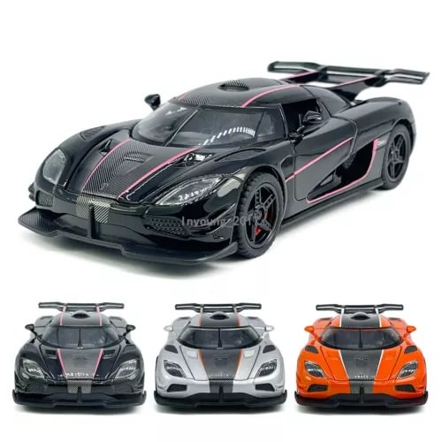 Diecast metal toy sports car, black with pink stripes plus front views in white and orange