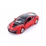 Red BMW i8 diecast model car with front grille and silver wheels