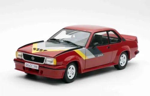 SUNSTAR 1:18 diecast Opel Ascona 400 model, red with racing decals and front 3/4 view