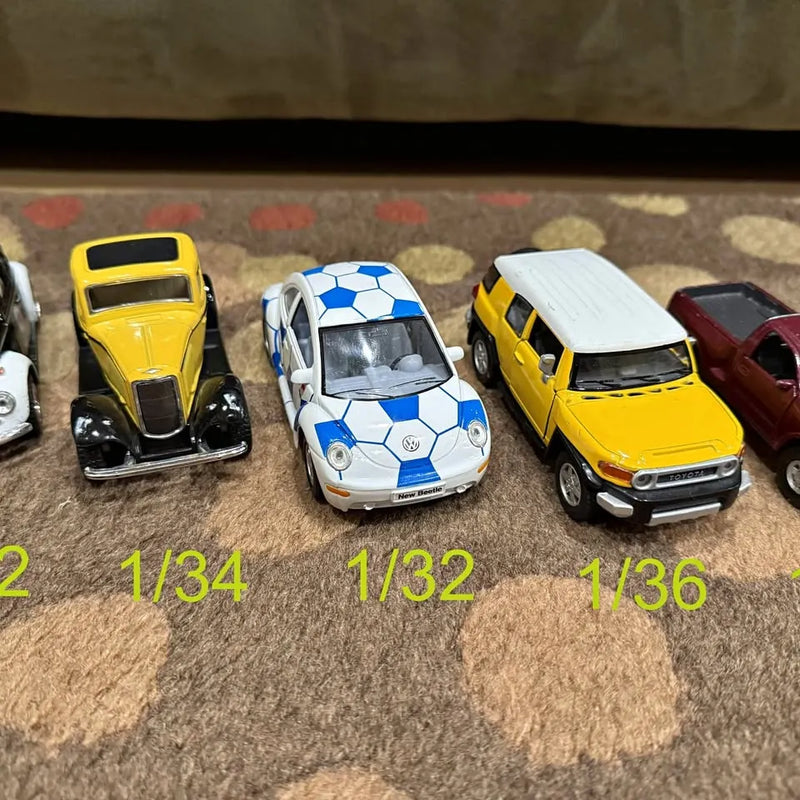 Diecast car set with yellow, white-blue patterned, and yellow vehicles