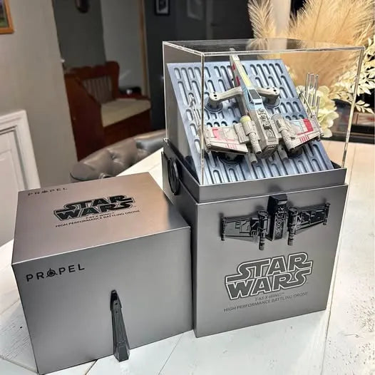 Propel Star Wars drone gift box with open packaging and mounted drone parts