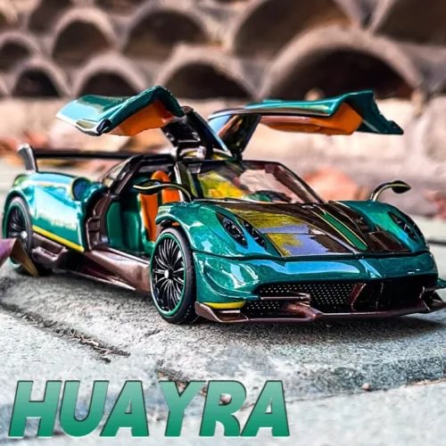 Teal and green alloy diecast sports model car with open scissor doors, front view