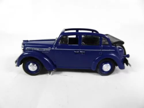 Blue diecast model car, classic 4-door sedan with chrome details