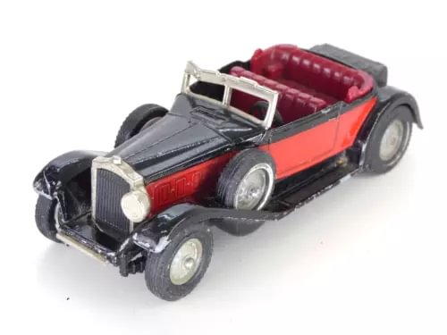 Vintage diecast toy car, black and red convertible with gray grille and headlights.