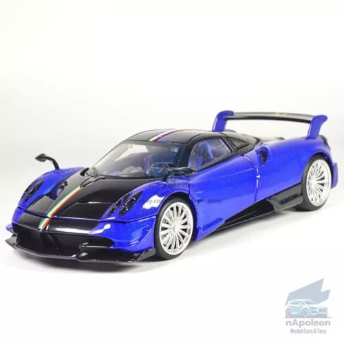 1:32 Pagani Huayra Roadster BC diecast car, blue with black accents, front 3/4 view