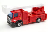 Red diecast fire truck model with black wheels and front grille details