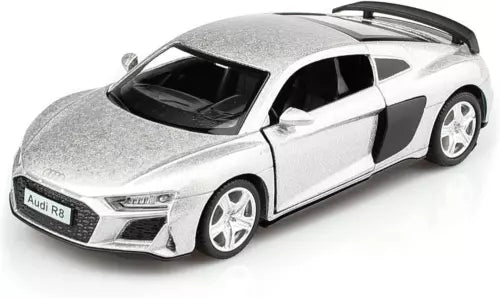 Silver Audi R8 diecast model car with black windows, pull-back toy wheels
