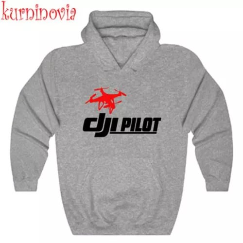 Grey DJI Pilot hoodie with front red and black logo, hood and kangaroo pocket