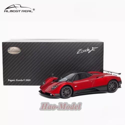 Almost Real diecast Pagani Zonda F 2005 model car, red with black accents, 1/18 scale