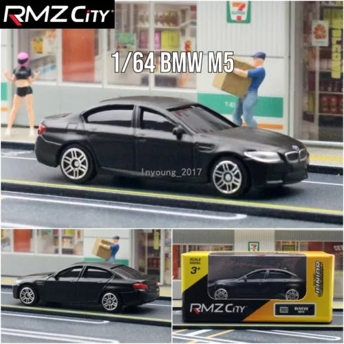 1:64 matte black BMW M5 diecast model car with detailed wheels