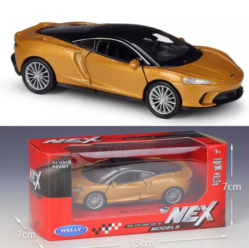 1:36 alloy diecast sports car model, gold with black roof, shown in box