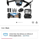Black drone starter kit with controller, spare props, batteries, charger, and carrying case