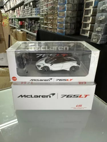 McLaren 765LT 1:64 white diecast car model in retail box