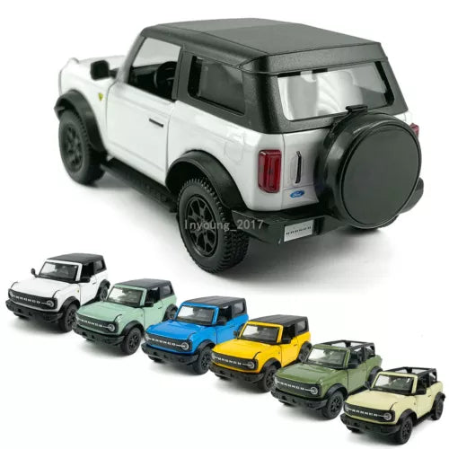 Ford Bronco diecast model car toy SUV, white with black roof, pull-back