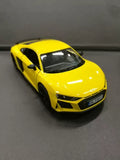 Yellow Audi R8 coupe diecast toy car, front 3/4 view