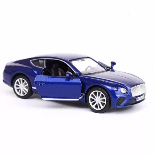 Blue 1:36 diecast model car with open driver door, pull-back vehicle