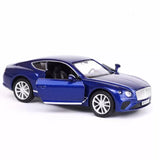 Blue 1:36 diecast model car with open driver door, pull-back vehicle