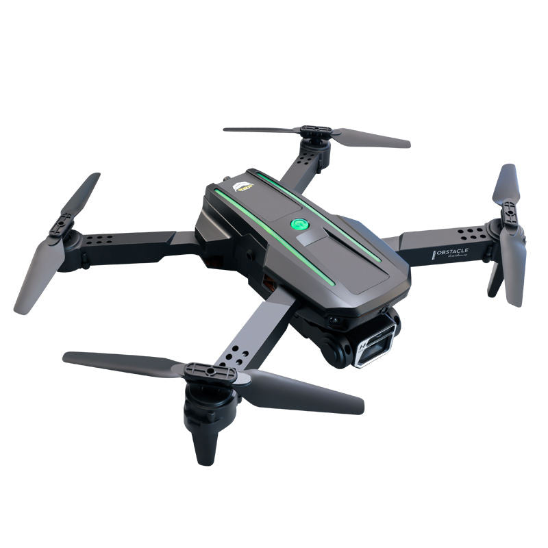 Foldable mini quadcopter drone with four propellers, front camera pod and green LED strip