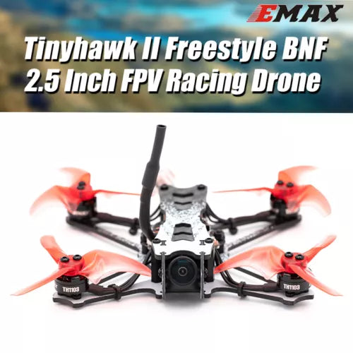 Racing FPV quadcopter drone with red propellers and central camera