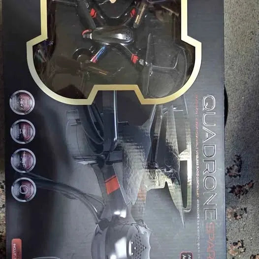 Quadrone Sparrow drone quadcopter with four propellers, shown in retail box