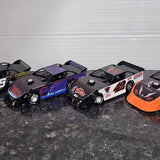 1/32 diecast race cars, black with blue and white decals, plus an orange car