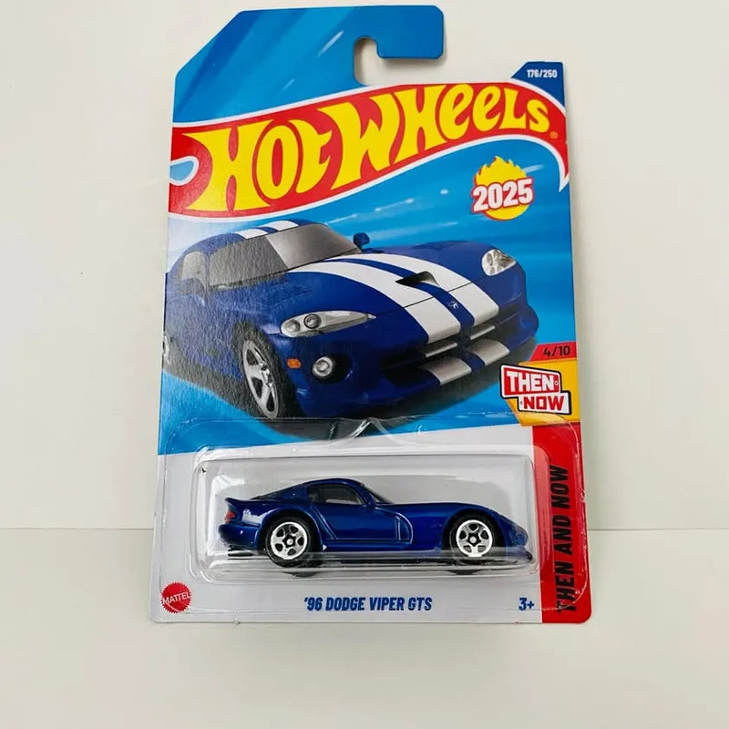 Hot Wheels '96 Dodge Viper GTS diecast car, blue with white stripes, in package