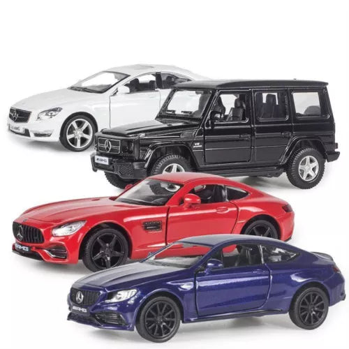 Diecast toy car models set with four sports cars, white, black, red, and blue