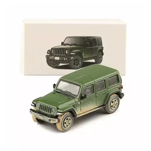 Green diecast Jeep Wrangler Rubicon model car, front 3/4 view, alloy details