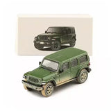 Green diecast Jeep Wrangler Rubicon model car, front 3/4 view, alloy details