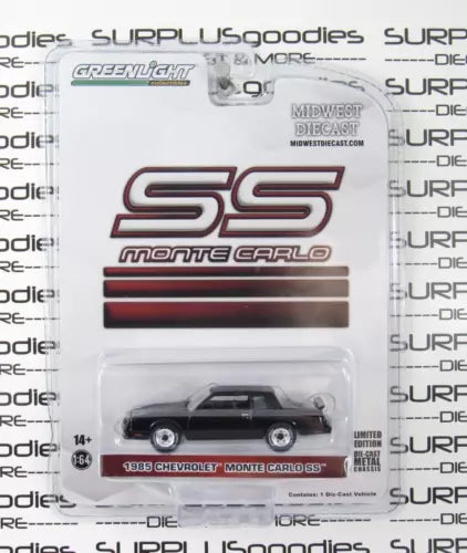 Black 1985 Monte Carlo SS diecast toy car in clear blister packaging