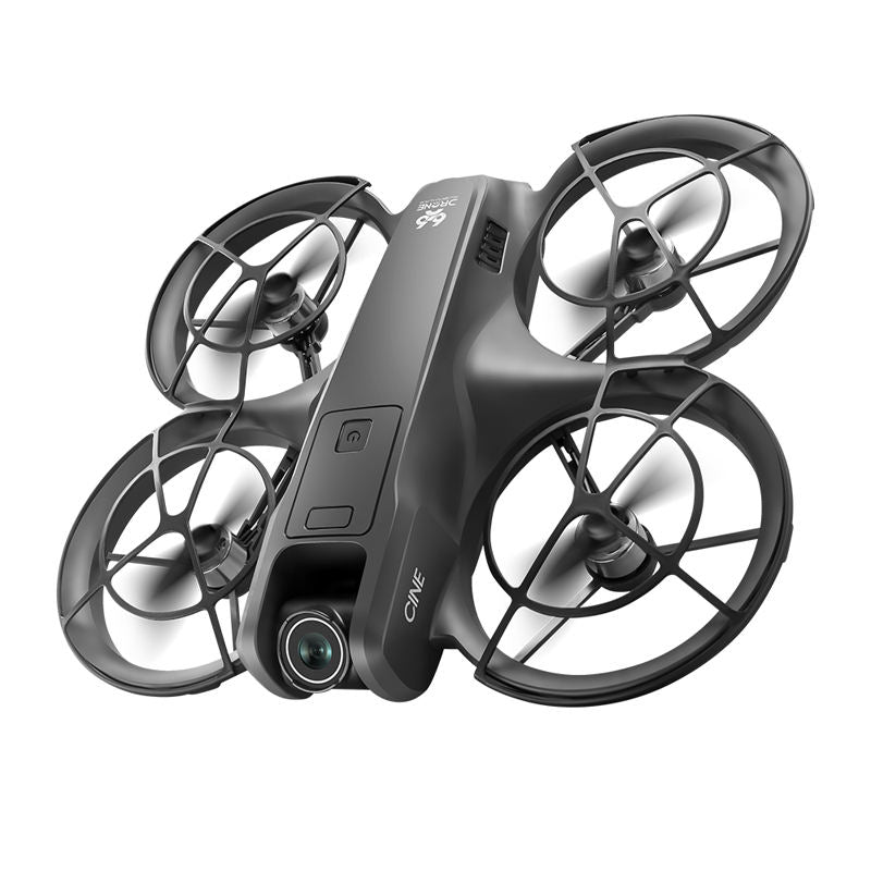 Mini quadcopter RC drone with four rotors and front camera, dark gray body