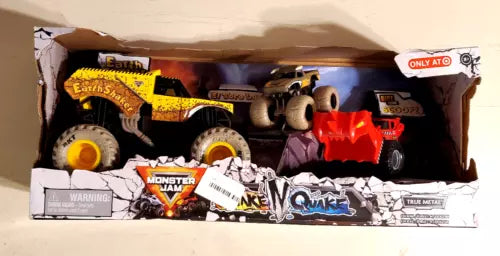 Monster Jam diecast monster truck 3-pack in box, multiple vehicles pictured
