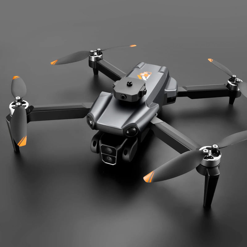 Gray mini quadcopter drone with four propellers and dual camera on body