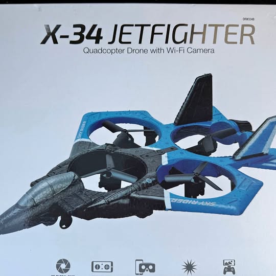 Blue and black quadcopter drone with camera, four rotor arms visible