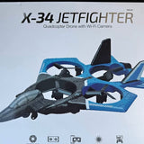 Blue and black quadcopter drone with camera, four rotor arms visible