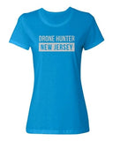 Blue ladies crewneck T-shirt with Drone Hunter New Jersey text graphic
