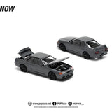 1:64 dark gray Nissan GT-R diecast model car, one hood open