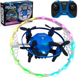 Blue RC aerial drone with LED light ring and four propellers