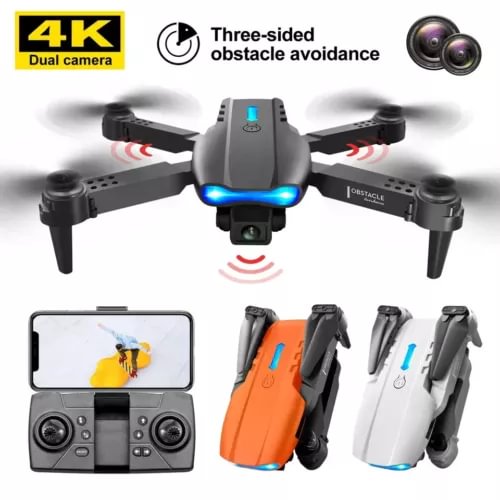 Folding quadcopter drone with HD camera, obstacle avoidance sensors, orange and black body