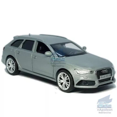 Gray 1:36 diecast model car, Audi RS6 Avant wagon, front three-quarter view